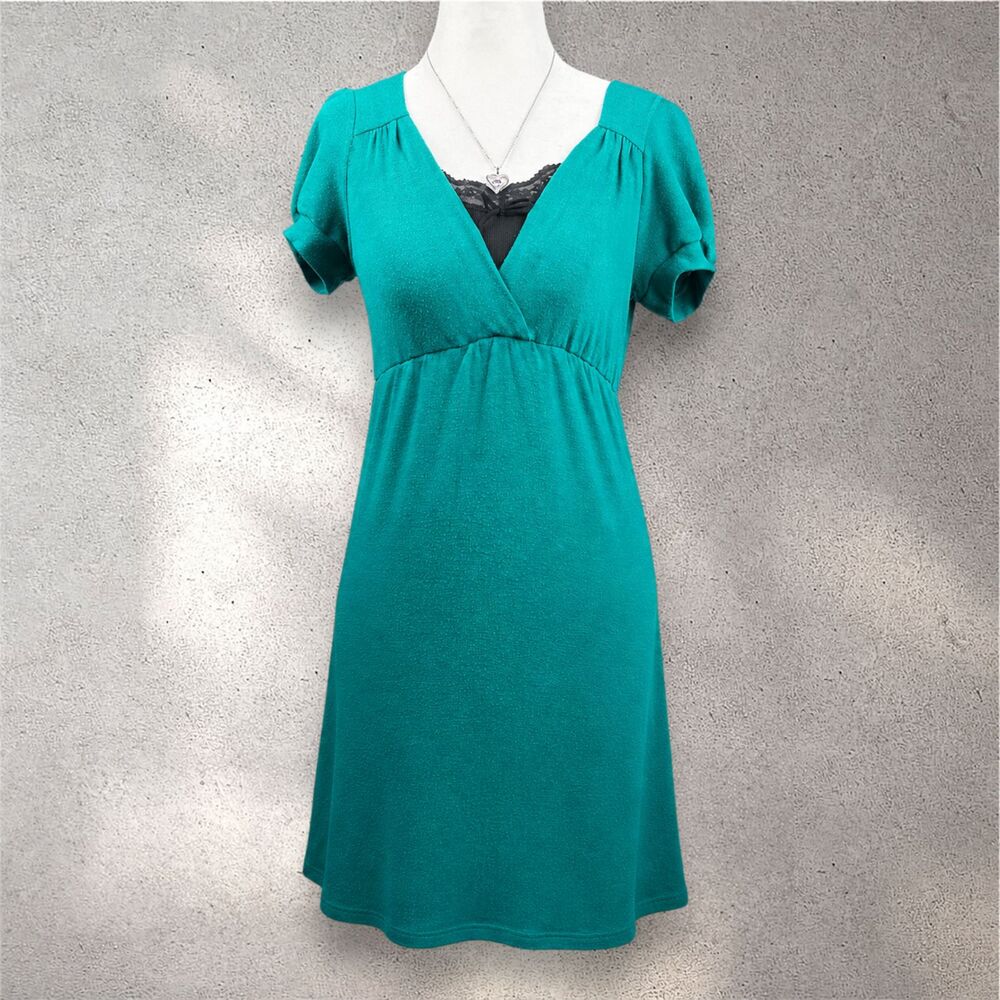 Y2K Wet Seal Mini Babydoll Dress Women's M Turquoise V-Neck Whimsy Shoujo Summer